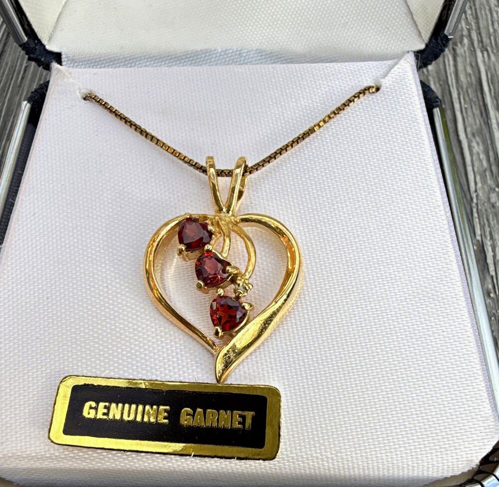 Genuine Garnet & Diamond Heart Pendant Gold Plated Sterling 925 18” (150)